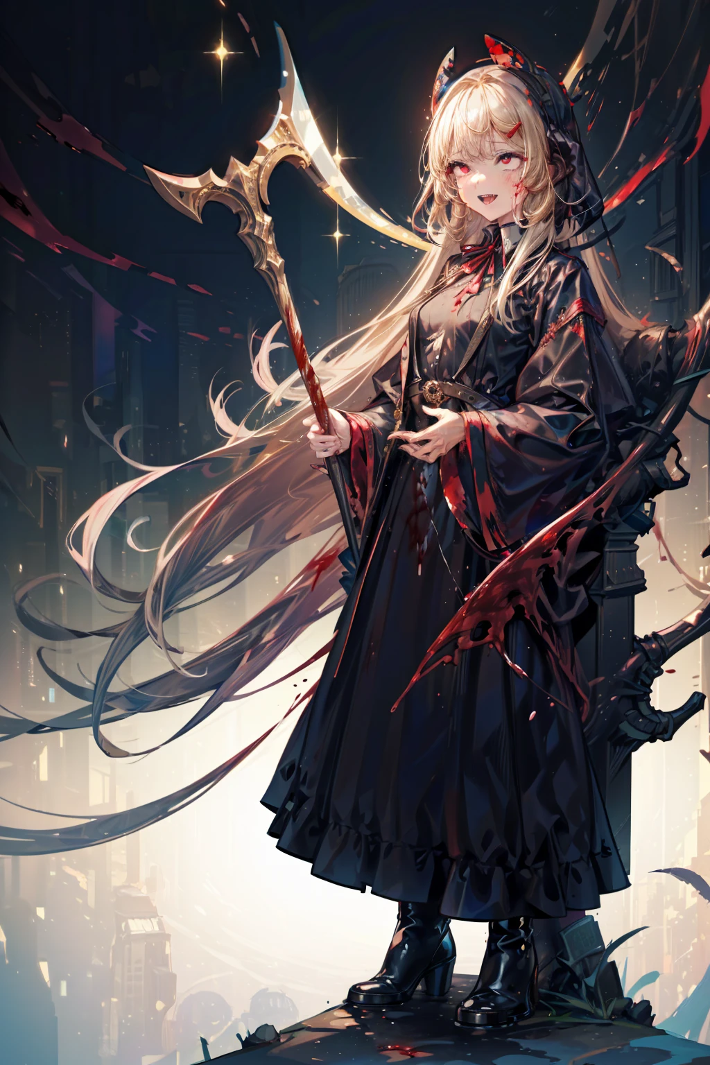 shaded face　、beautiful girl、とてもcute天使、Pink T-shirt、cute、、smile、Long skirt、Black long boots、.(Highest quality,4K,High resolution,masterpiece:1.2),Very detailed,Realistic:1.37,Spooky altar background,Dark fantasy,Red color scheme,Ominous atmosphere,Eye-catching,Storytelling,anatomy,Anime Style,Concept Art,beautiful細部までこだわった顔と (((Red eyes ))),A terrifying ritual ,Satanic Ritual,Premature death,inappropriate behavior,クレイジーなsmile,Scythe Face,Girl Monster, beautiful, Delicate facial features, Sharp Eye, Sharp Fangs, pale skin, Dark Background, Cinema Lighting, Dramatic Shadows, Gothic style, Gloomy atmosphere, Dark fantasy, one person&#39;s, Please open your mouth wide, Open your mouth and baring your teeth,Sharp teeth like a beast, Wide lips, very wide mouth, Vermilion cheeks, ,(Blood splatter:1.4),Scary smile, smile,Angel Design, Twisted smile、Bloody、bleeding from the head,,,,,、Blood splatter、,(Blood splatter:1.4),skull,Demon Spear Horror Style, ((Fantasy Sweet Ta Frill Pink Costume)), ((Flowing blonde hair)), ,(Blood splatter:1.4),Female curves, Sexy flat stomach, Perfect hands, Perfect anime face, (Pink Tata Dress)), Are standing, ((邪悪なsmile)), ,(Blood splatter:1.4), Steam circulates, Moonlight Illumination, night lighting, (Blood splatter:1.6),アニメAngel Design, Twisted smile、Bloody、bleeding from the head,,,,,、Blood splatter、,(Blood splatter:1.4), skull,Gothic architecture、Western architecture、Fantasy World、,Victorian cities, Skeleton Gas Light,Absurd, High resolution、 ((Tabletop)), ((Highest quality)), (Very detailedな), ((Very detailed)), (beautiful), ((cute)), (NFSW:1.8), alone,(:1.6)、(world&#39;The most terrifying and creepy demon girl:1.5)beautiful face、Whole Body Ezbian、pale, beautiful肌、beautiful金の髪、優しくsmileむ、Dark building ruins、(snow white&#39;Frill dress:1.3)、(The dark ruins are stained with blood:1.3)、Low angle full body shot、(少女は血の海の中にAre standing:1.5)、(The ground is full of blood:1.3)、(The girl lost a lot of blood....:1.3)、(クレイジーなsmile:1.6)、Spirits、(Blood dripping from the mouth:1.3)、
