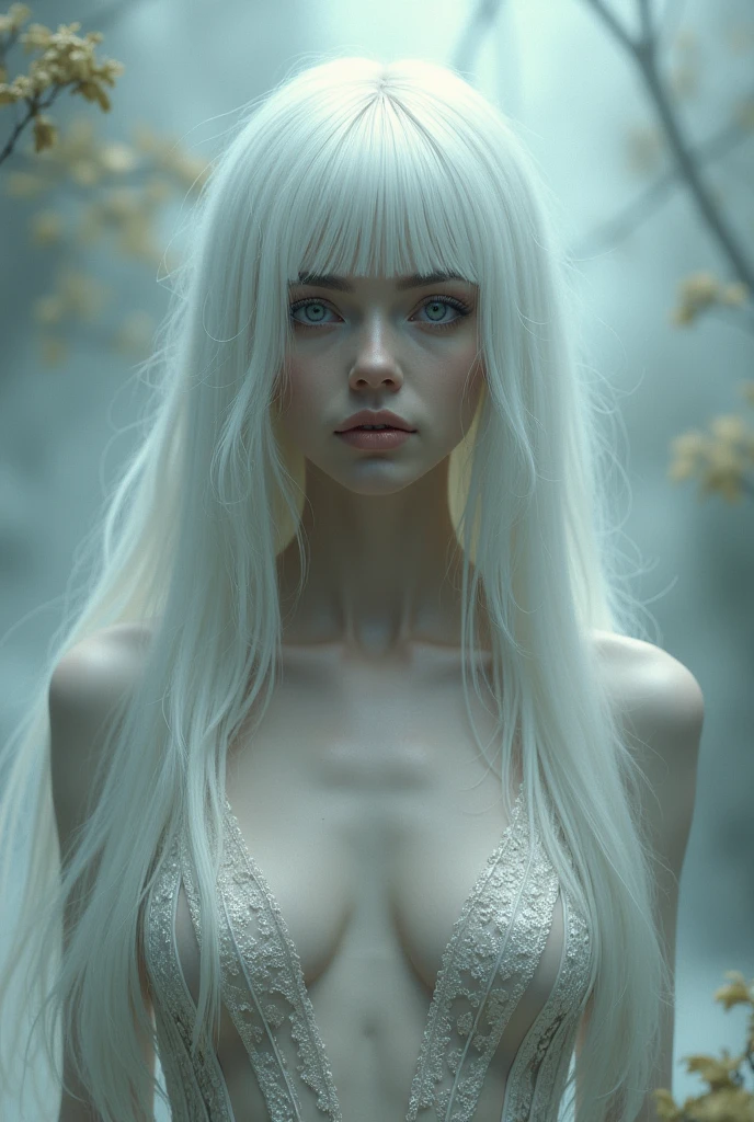 Facing the camera,  beautiful albino woman. Extremely slender, new, with freckles, symmetrical body, fully body, High Quality image, perfect symmetry, vibrant and sharp, high level of detail and definition, 1200 PPI – Photographic resolution with greater central realism, hyper-realistic and high-fidelity cinematic 16K UHD image resolution.