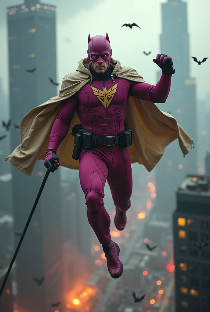 Malaysia man in high-tech suit, vivid effects, malaysian superhero (KELUANG MAN) in a striking pink and beige costume cyberpunk design, mask small mini bat ear beige, daredevil beige mask, jumpsuit dark pink stands confidently in a dramatic.jumping from high place.hero costume.one hand rise up. Big triangle logo on the chest.high detail Punisher logo on the chest. Fighting pose , stormy landscape. ((Head covered node guard like batman. Running pose , athletic body type, small mini ear bat mask))The character wears domino mask a helmet with pointed mini torn ears and a flowing cape biege, open nose and mouth. Equipped with visible futuristic weapons on a belt,bullet proof jacket pink dark day.show fingers pose, dark night, big supermoon effect . Small logo on chest triangle shape small punisher logo center(( skull triangle Casey Jones mask shape logo)) center on chest pink logo mini logo . rocky. Building top.smoke ground , bomb effect background, losse pants, losses costume.adding to --ar 3:4 --style raw --stylize 500 --v 6.1. chaos. Lot of small flying bat. One leg on the high stone. Man. Wear hologram watch.. Real man age 40 year old. One hand holding belt.one hand holding black rope hanging on building. Big pant pink. Beige cape joodie.(( Loose pant)) , jump on high building)marvel , X-Men.