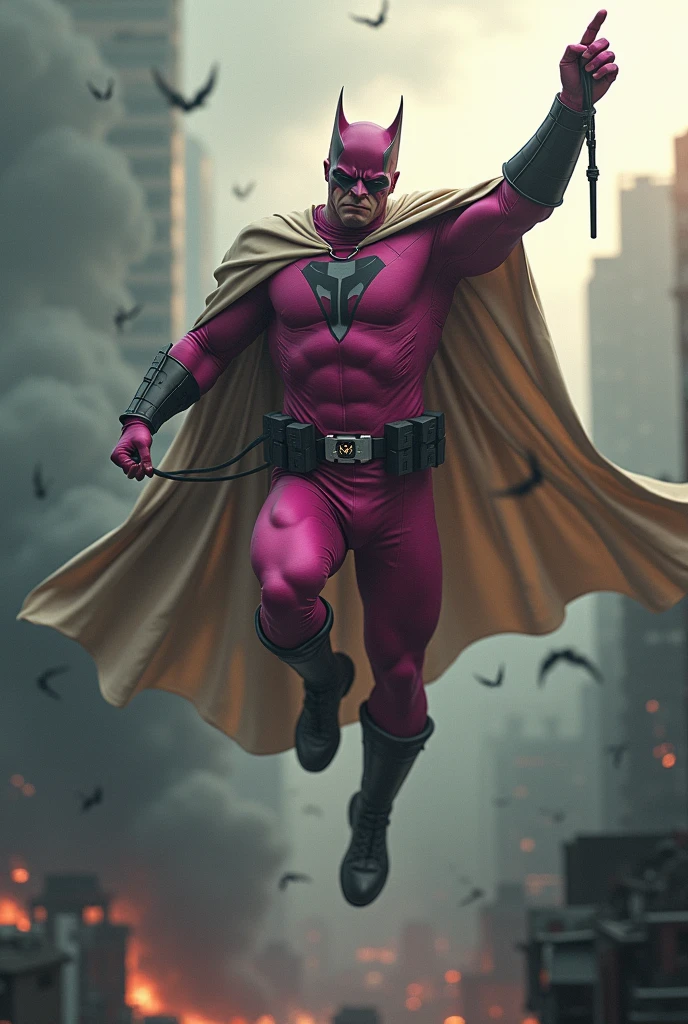 Malaysia man in high-tech suit, vivid effects, malaysian superhero (KELUANG MAN) in a striking pink and beige costume cyberpunk design, mask small mini bat ear beige, daredevil beige mask, jumpsuit dark pink stands confidently in a dramatic.jumping from high place.hero costume.one hand rise up. Big triangle logo on the chest.high detail Punisher logo on the chest. Fighting pose , stormy landscape. ((Head covered node guard like batman. Running pose , athletic body type, small mini ear bat mask))The character wears domino mask a helmet with pointed mini torn ears and a flowing cape biege, open nose and mouth. Equipped with visible futuristic weapons on a belt,bullet proof jacket pink dark day.show fingers pose, dark night, big supermoon effect . Small logo on chest triangle shape small punisher logo center(( skull triangle Casey Jones mask shape logo)) center on chest pink logo mini logo . rocky. Building top.smoke ground , bomb effect background, losse pants, losses costume.adding to --ar 3:4 --style raw --stylize 500 --v 6.1. chaos. Lot of small flying bat. One leg on the high stone. Man. Wear hologram watch.. Real man age 40 year old. One hand holding belt.one hand holding black rope hanging on building. Big pant pink. Beige cape joodie.(( Loose pant)) , jump on high building)marvel , X-Men.
