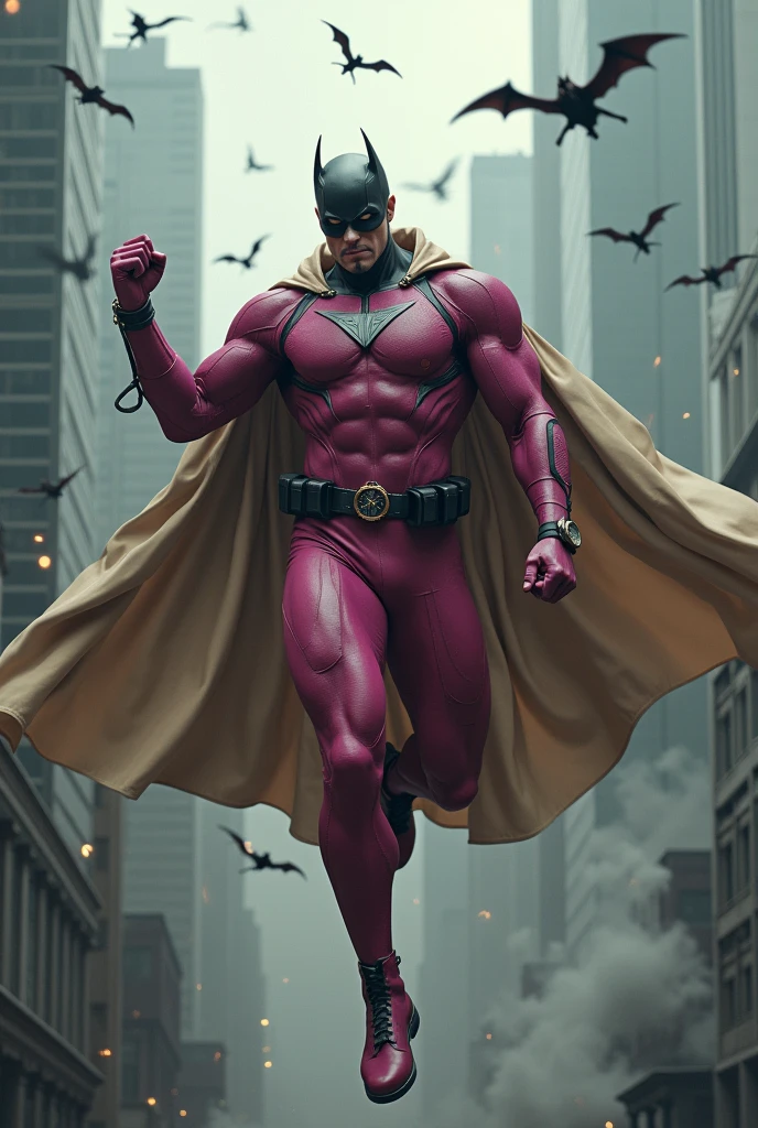 Malaysia man in high-tech suit, vivid effects, malaysian superhero (KELUANG MAN) in a striking pink and beige costume cyberpunk design, mask small mini bat ear beige, daredevil beige mask, jumpsuit dark pink stands confidently in a dramatic.jumping from high place.hero costume.one hand rise up. Big triangle logo on the chest.high detail Punisher logo on the chest. Fighting pose , stormy landscape. ((Head covered node guard like batman. Running pose , athletic body type, small mini ear bat mask))The character wears domino mask a helmet with pointed mini torn ears and a flowing cape biege, open nose and mouth. Equipped with visible futuristic weapons on a belt,bullet proof jacket pink dark day.show fingers pose, dark night, big supermoon effect . Small logo on chest triangle shape small punisher logo center(( skull triangle Casey Jones mask shape logo)) center on chest pink logo mini logo . rocky. Building top.smoke ground , bomb effect background, losse pants, losses costume.adding to --ar 3:4 --style raw --stylize 500 --v 6.1. chaos. Lot of small flying bat. One leg on the high stone. Man. Wear hologram watch.. Real man age 40 year old. One hand holding belt.one hand holding black rope hanging on building. Big pant pink. Beige cape joodie.(( Loose pant)) , jump on high building)marvel , X-Men.