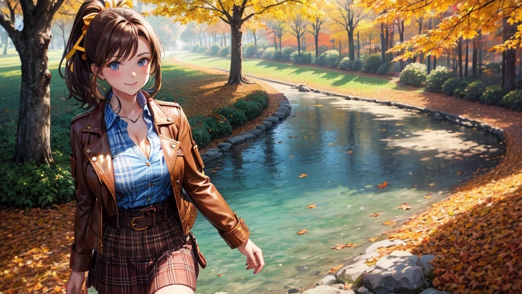 1girl, solo, trees, sun, clouds, autumn, colorful trees, falling leaves, ((brown hair)), ponytail, large breasts, ((brown leather jacket)), button down shirt, ((blue checked shirt)), ((checked shirt)), ((unbuttoned shirt)), ((unbuttoning buttons)), ((popping buttons)), ((full cleavage)), blue eyes, mini skirt, brown boots, smile, happy, looking at the viewer, ((walking)), hair ribbon, golden necklate