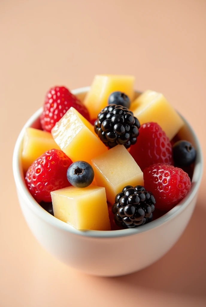 Bowl of fruit salad , with smaller pieces and condensed milk, no grapes no black fruits 