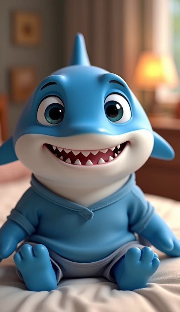 Perfect centering, Looking at the camera, a close up 2/3 of a cartoon blue shark wearing a shirt, 3 d animation demo reel, 3d animation, 3 d animation, 3 d animated movie, 3d animated, 3 d animated, tv commercial, clay animation, cgi animation, cute! c4d, cute 3 d render, pixar 3 d animation style, in a bedroom 4 k, 3 d cartoon