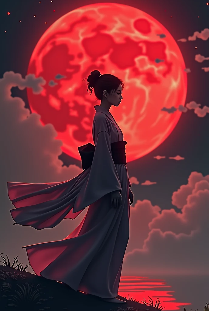 “A silhouetted figure in a traditional kimono stands gracefully against a massive, glowing red moon. The scene is ethereal, with flowing clouds surrounding the moon and soft light illuminating the edges of the kimono. The atmosphere is mystical, with a blend of fantasy and Japanese aesthetics, creating a serene yet powerful visual.”