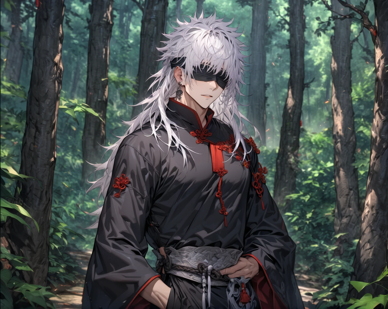 Ultra detailed, Highres, absurdres, HDR, UHD, master piece, Gojou Satoru, white hair with bangs, blindfolded eyes, black blindfold, black and red Chinese clothes, Jujutsu Kaisen, sexy man, solo, forest, handsome, glittering, fantasy, manly man, black Chinese clothes, accessories, green leaves