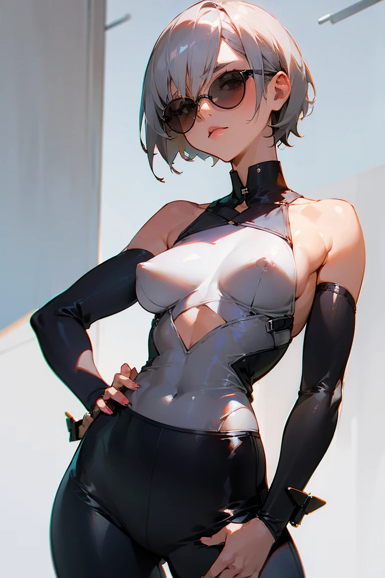 woman, Gray Hair, short hair, Small breasts，Erect nipples, Tight pants, Wear sunglasses.