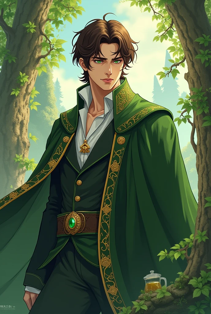 Create an male anime character using these name:
1. - Prince Frederick Blackwood (Freddy) (he had an green eyes, brown hair, hes style resembles of earth magic user)
Make him more majestic and mature.