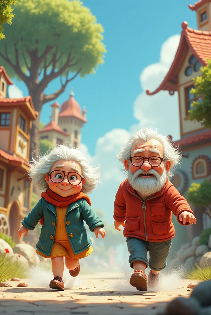 Create two cute and old characters Ms. Speed and Mr. Acceleration adults with tranes showing their characteristics, like ghibli and in a cute Movement Kingdom