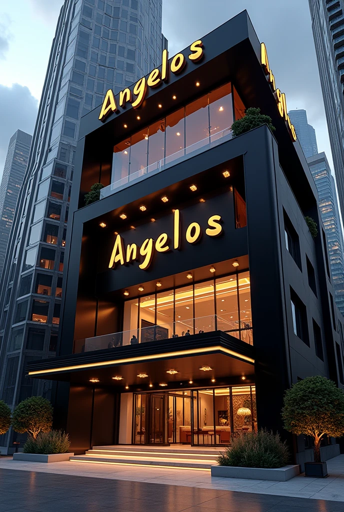 Draw a beauty spa luxurious, classy, extremely large beauty company with the name ANGELOS sign,Draw outside the store,Modern,Black and white,gold,RED.Big