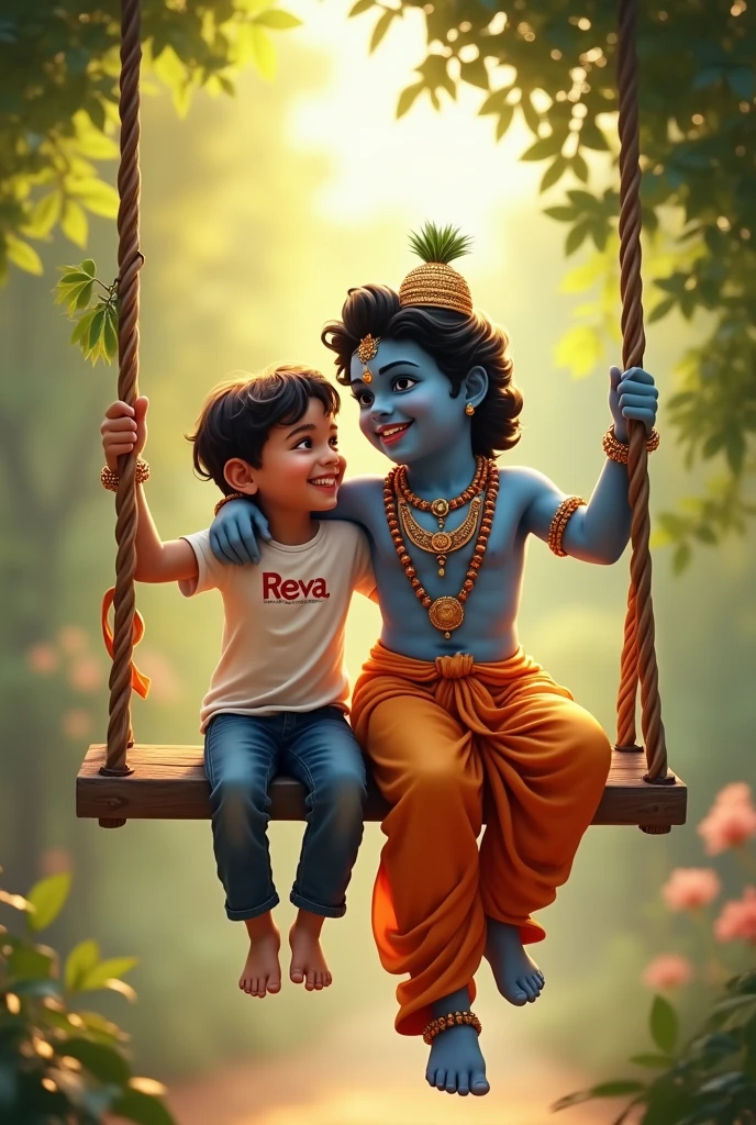 create a 3D realistic picture “2 couple is worshiping Shree Krishna and Shree krishna is sitting on a swing and playing flute and Boy “VIKRAM” is written on the boy’s black t-shirts and “SHEETAL” is written on girls’s tshirt the cou- ple is worshiping and in the back- ground “Happy Janmashtami” is written in bold font clearly, make sure everything should be correct