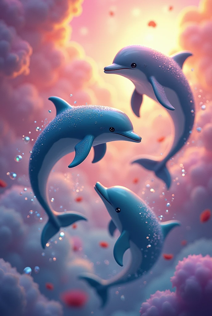 Dolphins playing in the colorful sky