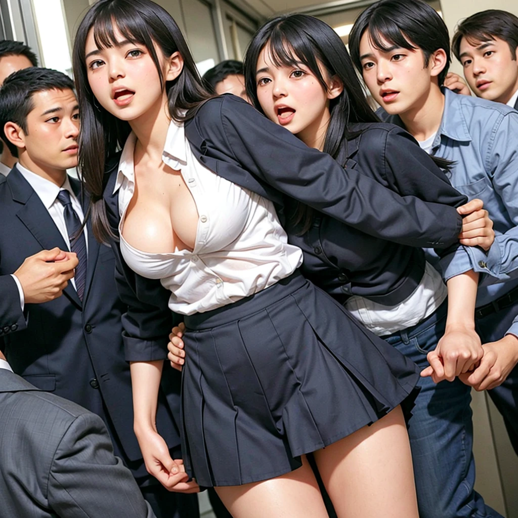 A beautiful innocent girl surrounded by excited high school boys, On the way to school, Beautiful woman like an idol, Close-up of a woman, She screams with her mouth open in shame after being molested in public and watched from close range, Being seen in underwear by a high school boy, A high school boy grabs my breasts from behind, A high school boy touches my crotch, Anatomically correct, Being molested by a group of men, Fleeing, Staring at the audience, Beautiful black hair, Being sniffed at close range by a group of men, blush, Increased sensitivity, Beautiful Eyes, Ultra high definition, Slender body, Japanese, Inner thighs