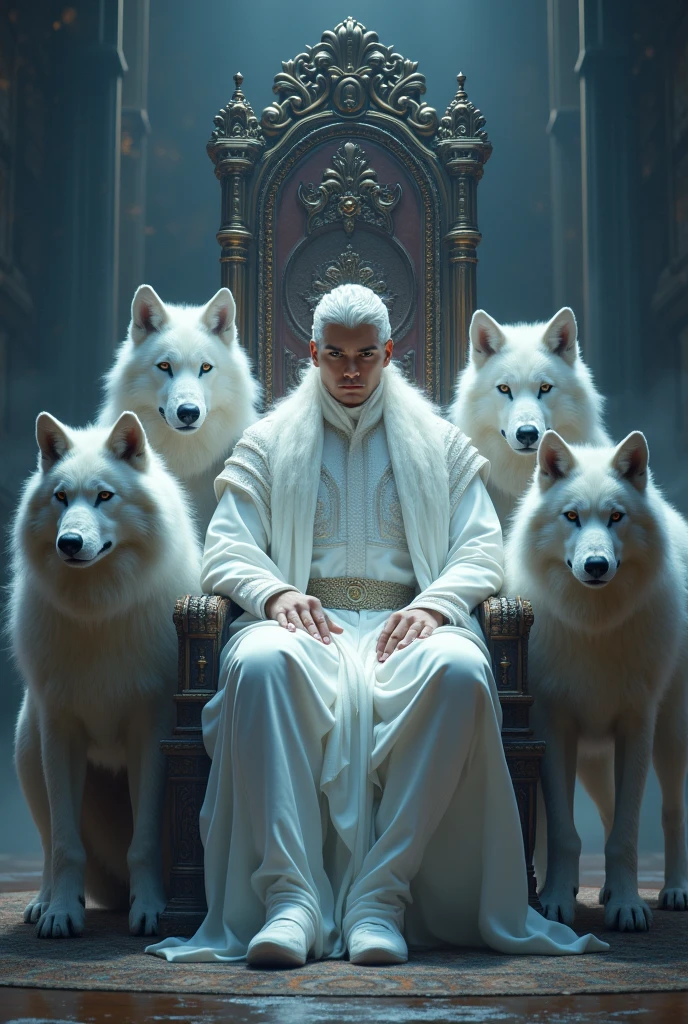 A young, strong, white prince of 2 on a throne surrounded by white wolves in a kingdom of eternal night