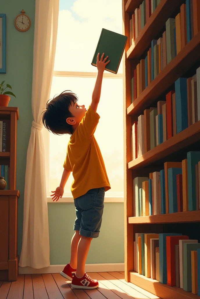 full body of a kid grabbing a book on the bookshelf drawing