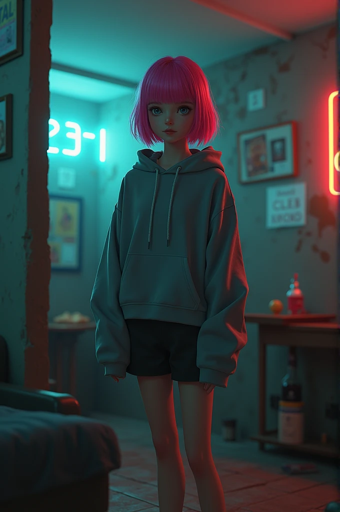 Draw a high school girl with pink bob cut hair, wearing a gray hoodie and black shorts in a motel.