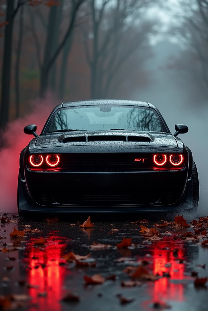 Dodge Challenger SRT hellcat red eye in black colour with red light with dark background with a little side view with fume with a death stare view and some dead leaves on ground front view a little side drift view right side view in raining right side view