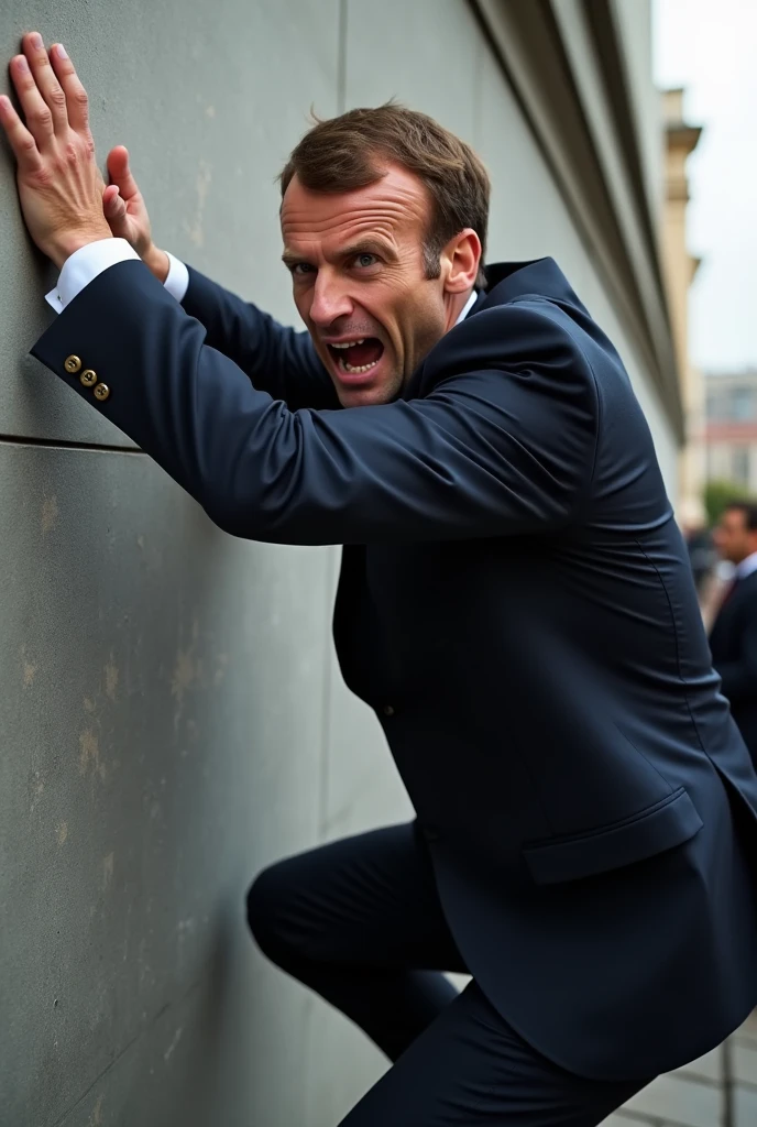 Emanuel Macron n'est pas tres content il est entrain de grimper sur un mur en costume