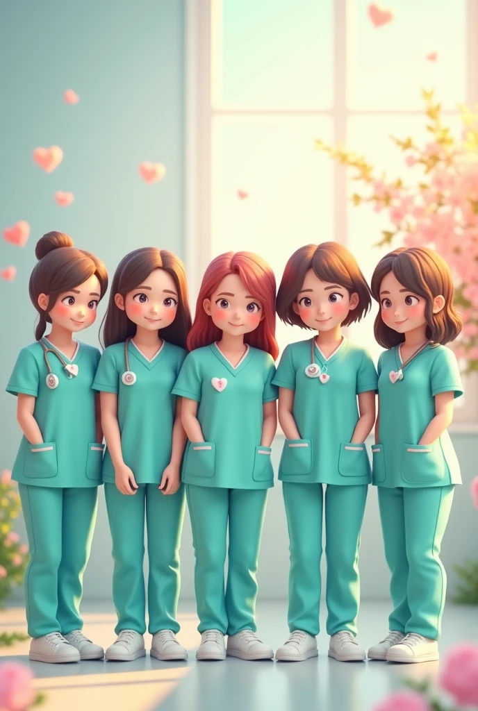 six nurses together looking forward in turquoise kawaii uniform