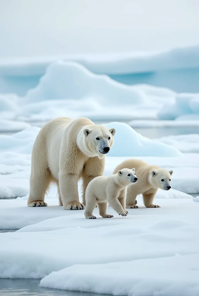A Polar Bear Family Walking Across the Ice**: Photograph a mother polar bear leading her cubs across a vast, icy landscape, highlighting the stark beauty of the Arctic and the bond within the family.