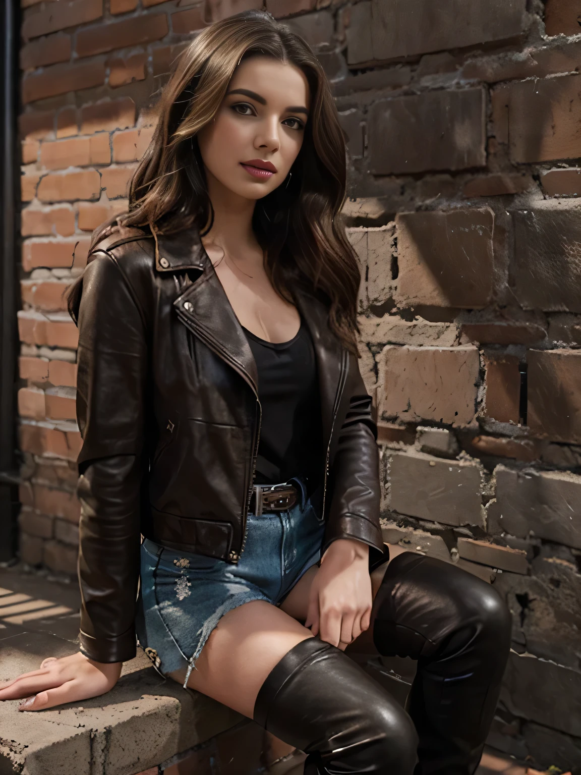 Brunette Female rogue, medieval fantasy, D&d, RPG, ultra realistic, ultra detailed, best quality, 8k, wallpaper, sitting, legs open, bloody leather clothes, black skirt, leather boots, leather gloves, showing panties, white panties, panties appearing, tiny panties, upskirt, cameltoe, pantyshot, RAW,