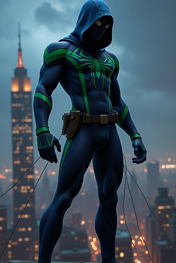 Spider man with a navy color with a navy hood with green stripes with a utility belt with a pistol and on top of the empire state buildong webbing across the skyscraper with the night sky in the background