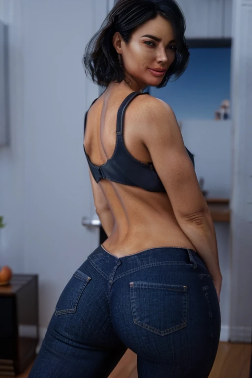 A latina female soldier with short hair looks sensually at the camera, naked, showing her butt from behind, Very sweaty in a dark closet, wearing a gray killed, grey military pants, and a torn t-shirt. She is a woman with the appearance of a warrior. Looks like Vasquez from Aliens. She wears a killed and has a thick body, wide torso, big breasts and strong arms. He is facing away and looking at the camera., killed, black fur, short hair, from below, HD, necessary, Super detail, High resolution, wet.