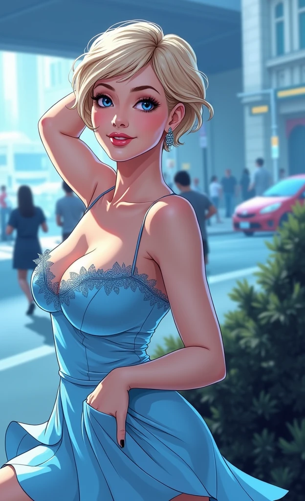 a woman posing on the street corner with light blue dress on, best quality, 1girl, large breasts, day, bright, blur background, bokeh, outdoor, (street:0.8), (people, crowds:1), (lace-trimmed dress:1.5, sleeveless dress, light blue clothes, light blue high-neck dress:1.2, blue dress: 1.5), gorgeous, (short hair, forehead:1.2), beautiful detailed sky, earrings, (dynamic pose:1.2), (upper body:0.8), soft lighting, wind, shiny skin, smile,