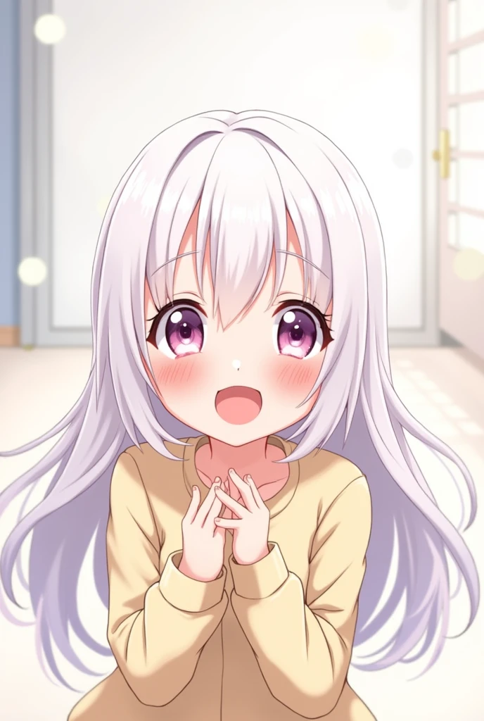 Create an image of a cute anime girl all happy with platinum hair 