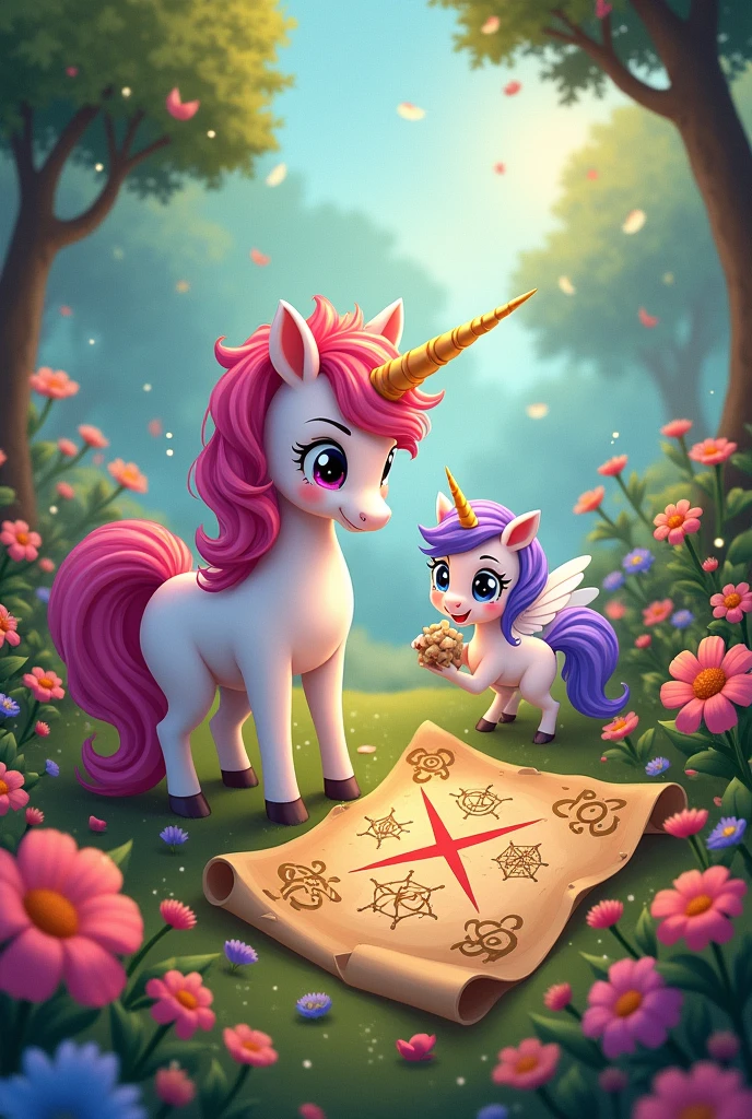 Create an image for story book Chapter 2: The Mysterious Map

When Sparkle reached Twinkle's flower garden, unicorn found her friend fluttering around excitedly. "Sparkle! Look what I found!" Twinkle exclaimed, holding up an old, crinkled map. It had strange symbols and a big red X marked on it. Can you make a big unicorn both are unicorn 
