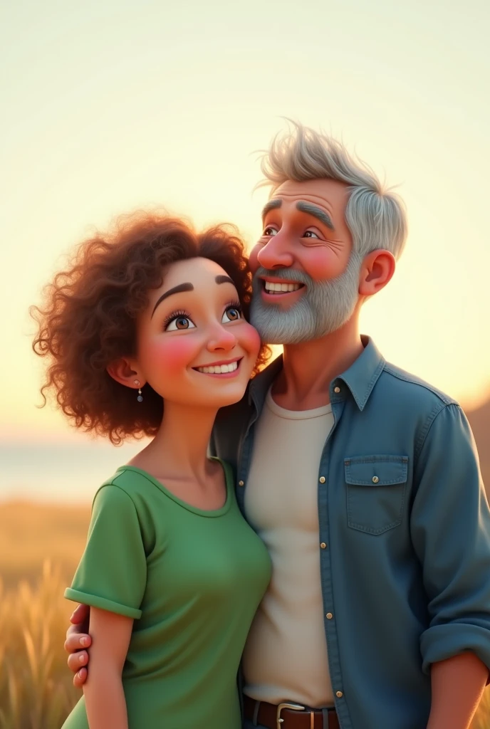 Pixar style image of a 40 year old couple, full body shot. the wife is in front , She has a green shirt, She has light brown curly hair, white skin,plump complexion, The husband behind her is white-skinned, grey hair, shaved beard white shirt and blue jacket, They are looking towards the horizon, they are smiling