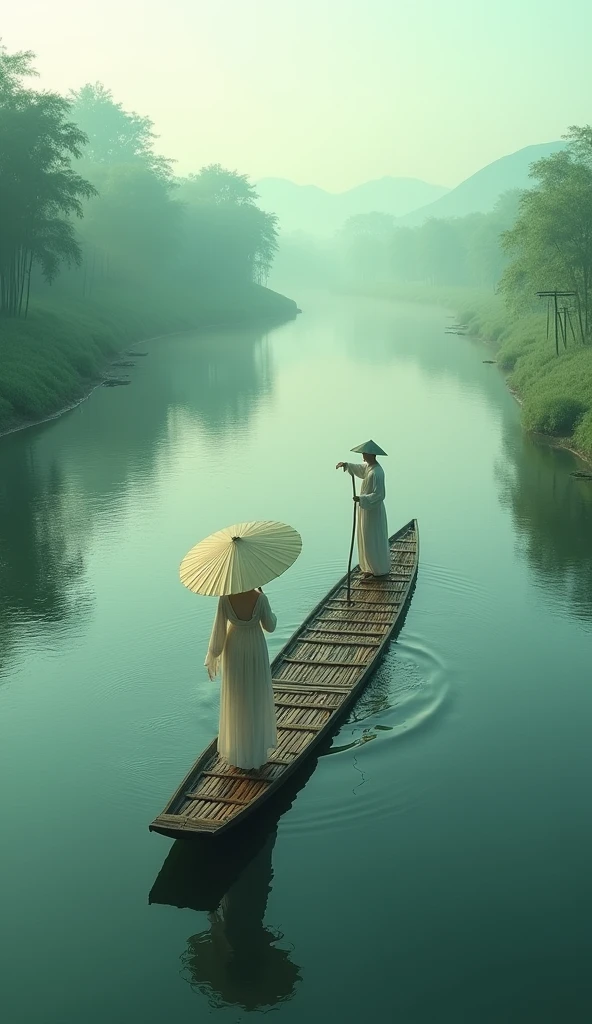 Misty,Aerial 92-degree angle shot of a woman on a bamboo raft holding an umbrella in front,There is a boatman behind with his back to,Like a Chinese landscape painting, it also looks like a fairyland, as if there is Buddha's light.,Maximum resolution,All the details can be seen clearly,Cinematic color grading