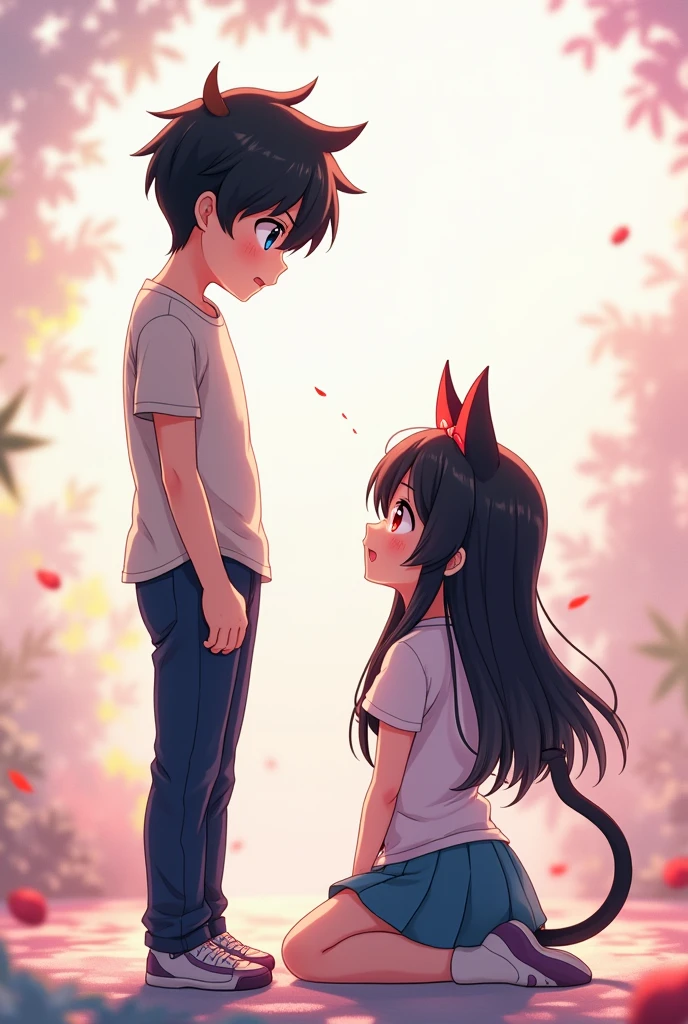 Anime boy with black hair and blue eyes standing and anime girl with black hair and red eyes embarrassed and with cat ears on her knees in front of the boy 
