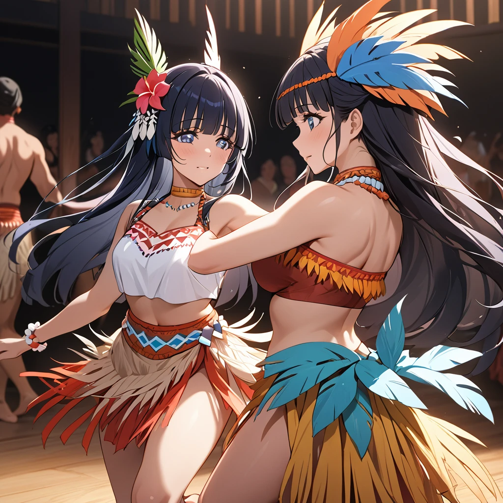 ((Highest quality)), ((masterpiece)), (detailed), （Perfect Face）、The woman is Reika Aoki with semi-long hair、A woman is dancing the Mauritian folk dance Sega dance in a costume of the Mauritian folk dance Sega dance in Mauritius, Africa