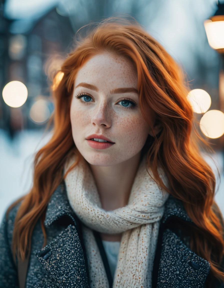cinematic photo (art by Mathias Goeritz:0.9) , photograph, Lush Girlfriend, Tax collector, Rich ginger hair, Winter, tilt shift, Horror, specular lighting, film grain, Samsung Galaxy, F/5, (cinematic still:1.2), freckles . 35mm photograph, film, bokeh, professional, 4k, highly detailed