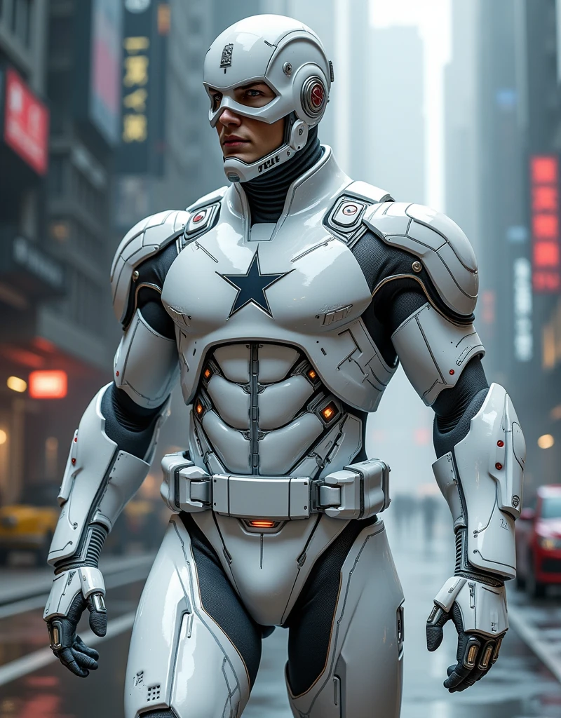 Captain America Marvel's universe first Avenger superhero cyborg glossy white suit in with muscler body with helmet cyberpunk futuristic costume background