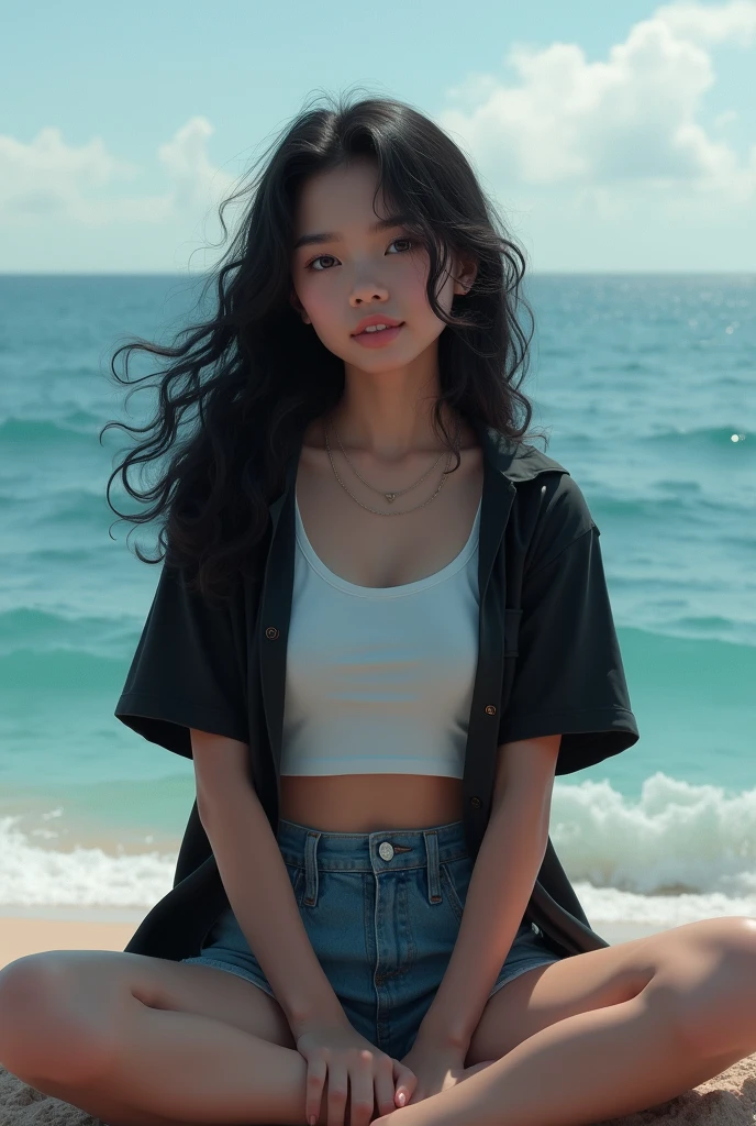A girl with black long curly hair with black eyes is sitting on the beach looking at the sea, wearing a black shirt, a white short t-shirt and denim shorts