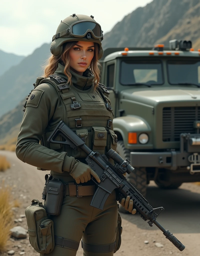 (Photorealism:1.2), beautiful armed woman, Transportation soldier, Military Truck
