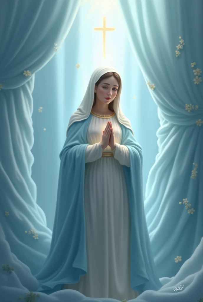 Ave Maria with blue and white cloth