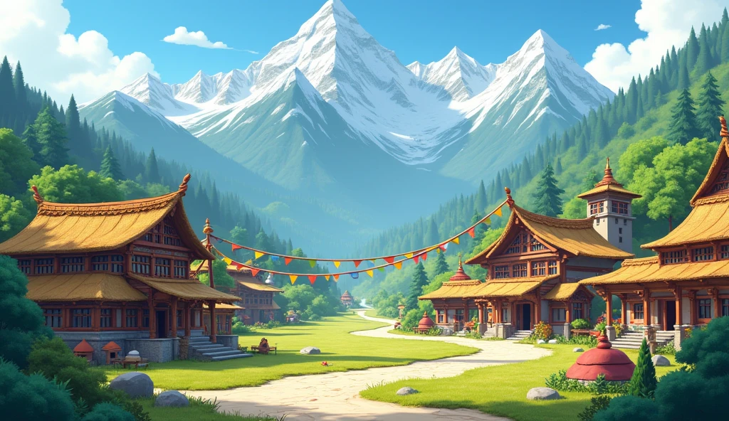 In 3D animation style:
A peaceful, idyllic village nestled in the foothills of the Himalayas, surrounded by lush greenery and snow-capped mountains in the background.