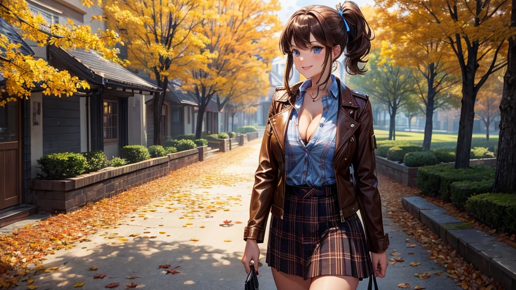 1girl, solo, trees, sun, clouds, autumn, colorful trees, falling leaves, ((brown hair)), ponytail, large breasts, ((brown leather jacket)), button down shirt, ((blue checked shirt)), ((checked shirt)), ((unbuttoned shirt)), ((unbuttoning buttons)), ((popping buttons)), ((full cleavage)), blue eyes, mini skirt, brown boots, smile, happy, looking at the viewer, ((walking)), hair ribbon, golden necklate