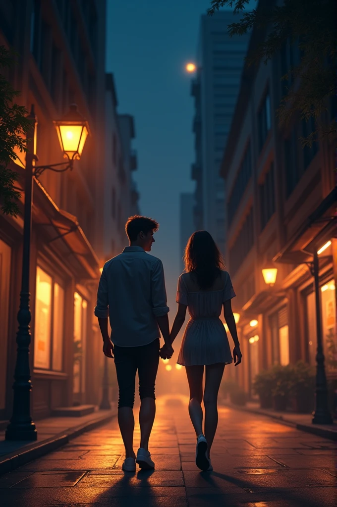 Couple holding hands on the street at night
