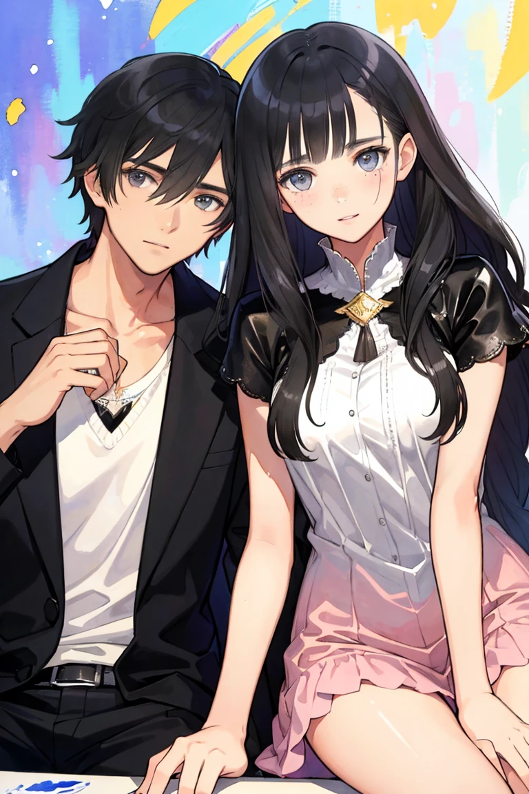 man and woman, couple, love, mature, a cat woman, she has freckles, she has dark brown eyes and an upturned nose, she is happy and smiling, she has long wavy hair, black hair, she is wearing aviator sunglasses with clear lenses in a soft watercolor style. The girl's clothes must be pink, purple, and blue in celebration of the bisexual, with stains of ink and watercolor mixing and filling the scene. he has blonde hair, he is handsome, he is slim. There should be a subtle, nuanced change in colors using the impasto technique with gouache paint. There should be a light rain in the watercolor painting with a little watercolor paper texture and a pastel background.