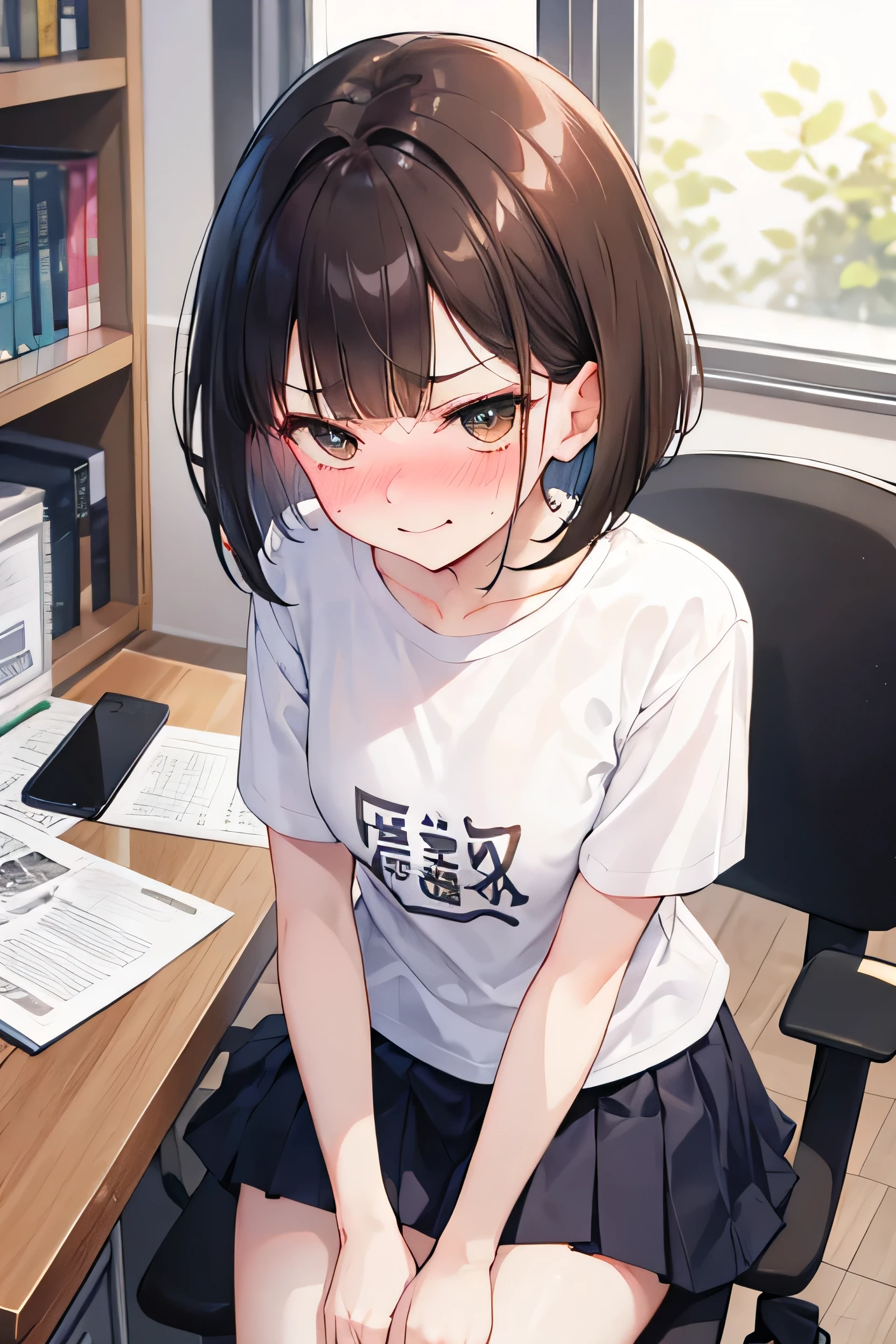 frame in, from right in front of face and body, view straight on, upper body, High quality, very high res, High quality, very high res, cute girl, brown hair, forehead, blunt bangs, bob cut, blush, Brushed up bangs, wearing a plain t-shirt, upright, pleated skirt, work desk, sitting in a work chair, hands on thighs, smile, leaning forward, at office, (embarrassed,blush:1.3)、 nose blush、a little angry