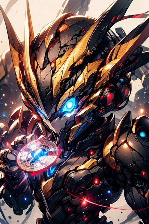 Masterpiece, high quality, Black super robot wars, mecha, glowing cyan eyes with very long white, magic circle, space background, close up, humanoid face, gems,