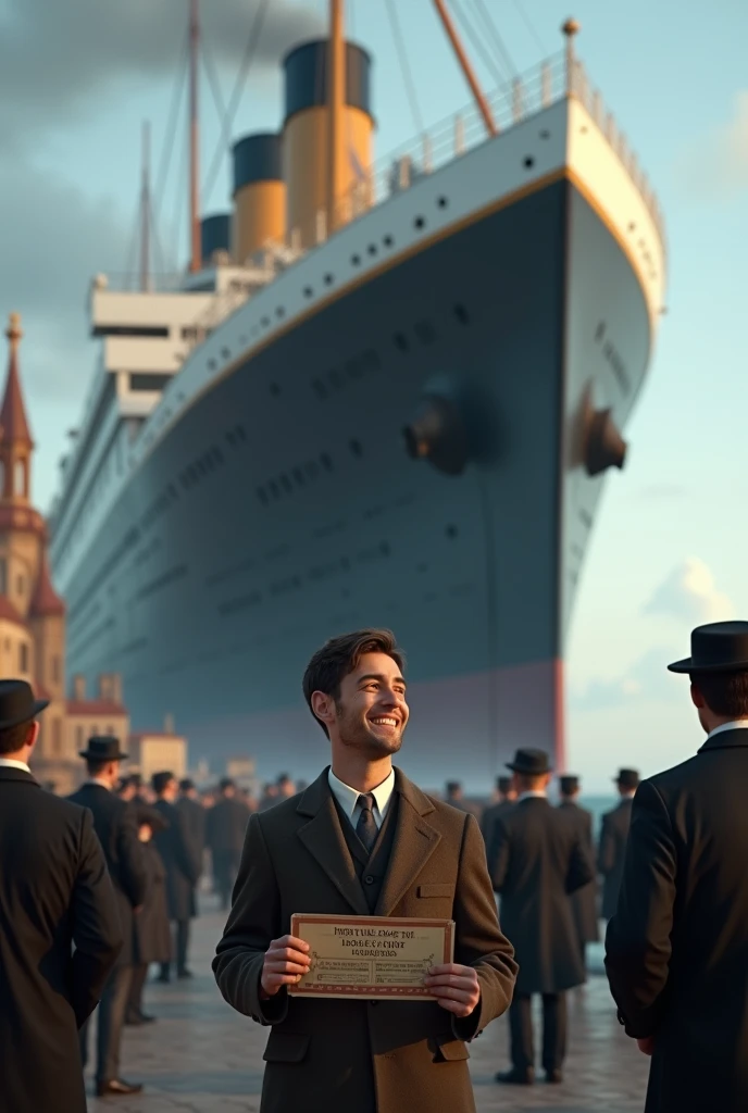 Create an image with the written phrase "It was a lucky day that Jack won a ticket for the Titanic. "