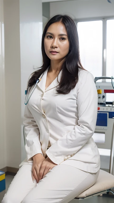 Indonesian woman,((40 years old)), doctor, beautiful face, white skin, doctor suit, stethoscope, pants, big hips, soft smile, sweet face, hospital, sit on chair at hospital
