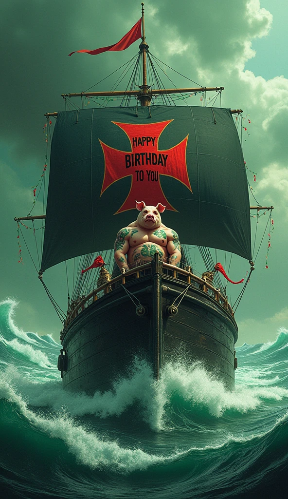 black ship thick black ship red maltese cross highlighted, big waves around, green birthday decoration, thick red maltese cross written Happy Birthday to You, A muscular pig, puffed out chest and no shirt, green tattoos