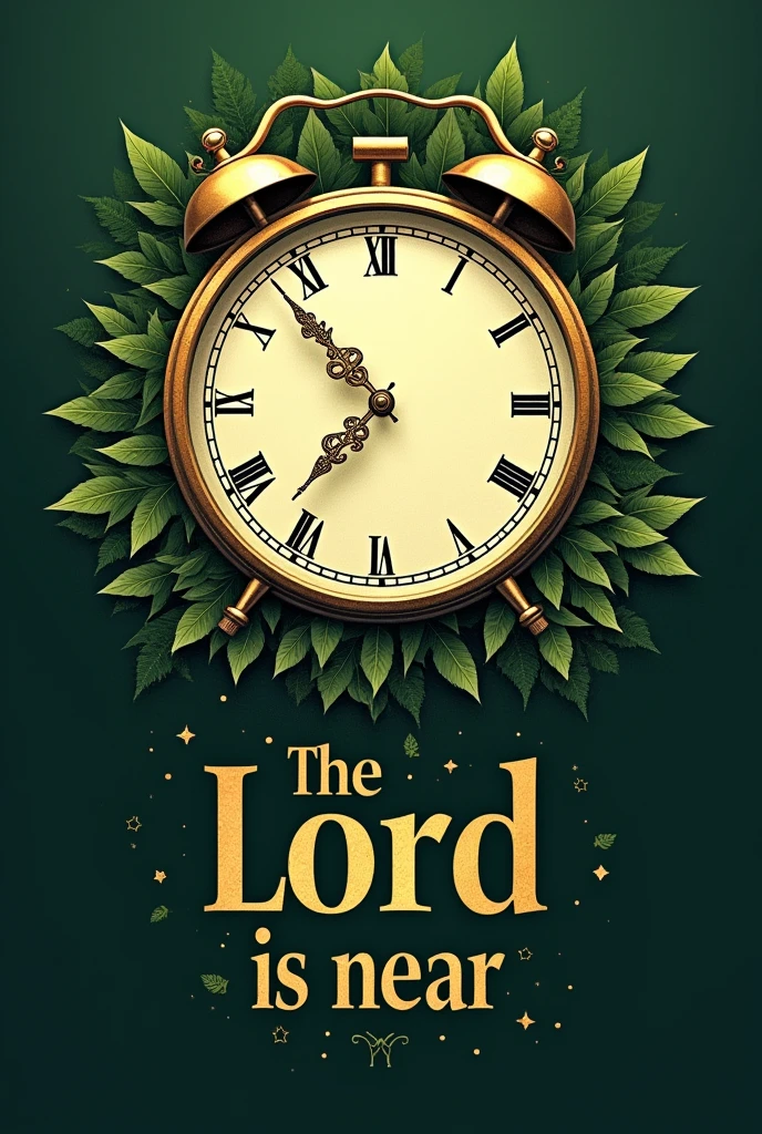 A t-shirt design with the message the Lord is near with a clock, green background and gold design and lettering