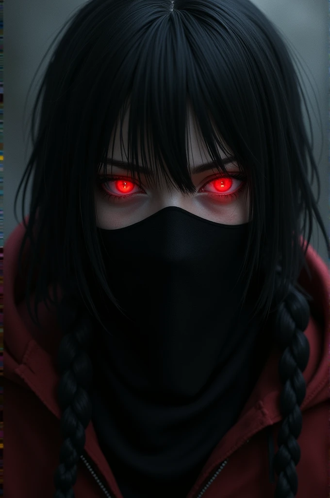Make a boy face with a black mask. Long hairs.
And red eyes